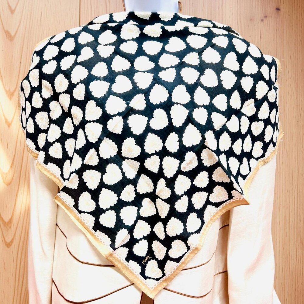 New Tag On  Yves Saint Laurent  Scarf Cotton & Silk 22.5" Beige Black Heart  (63